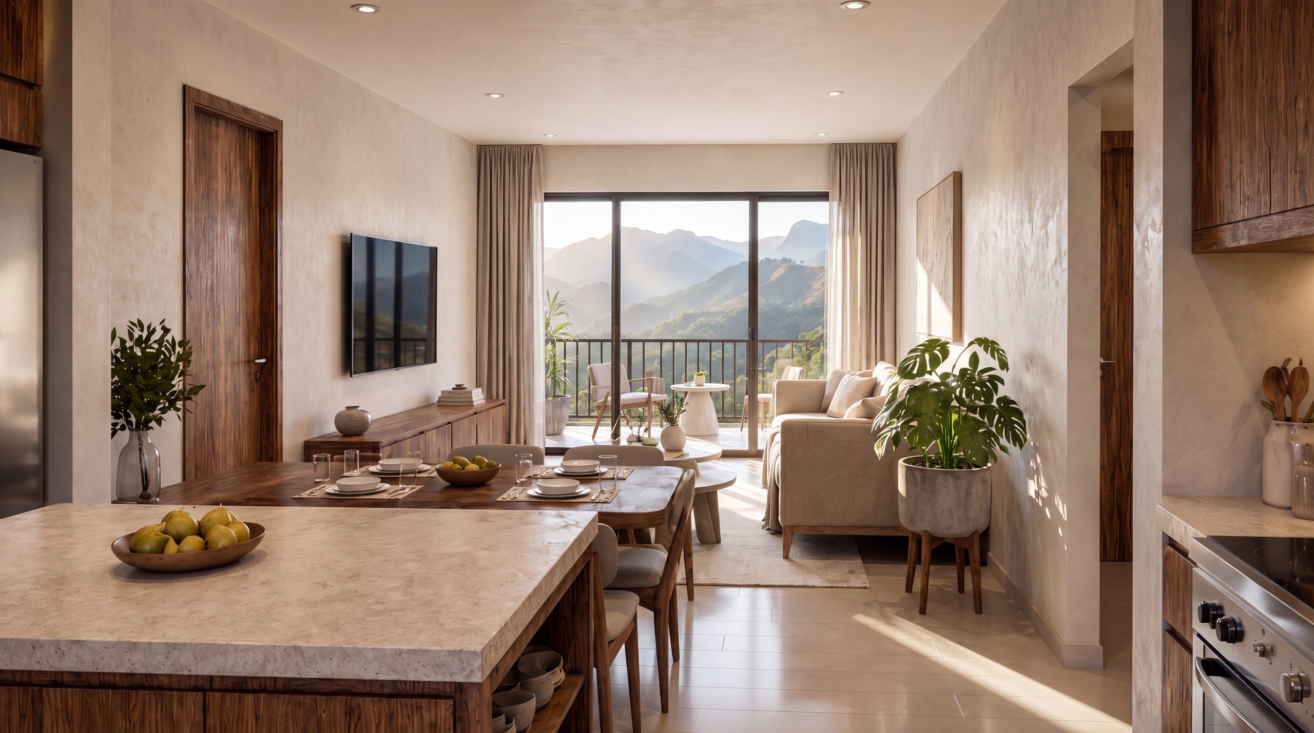 Cocina del apartamento tipo, abierta al comedor y con encimera continua