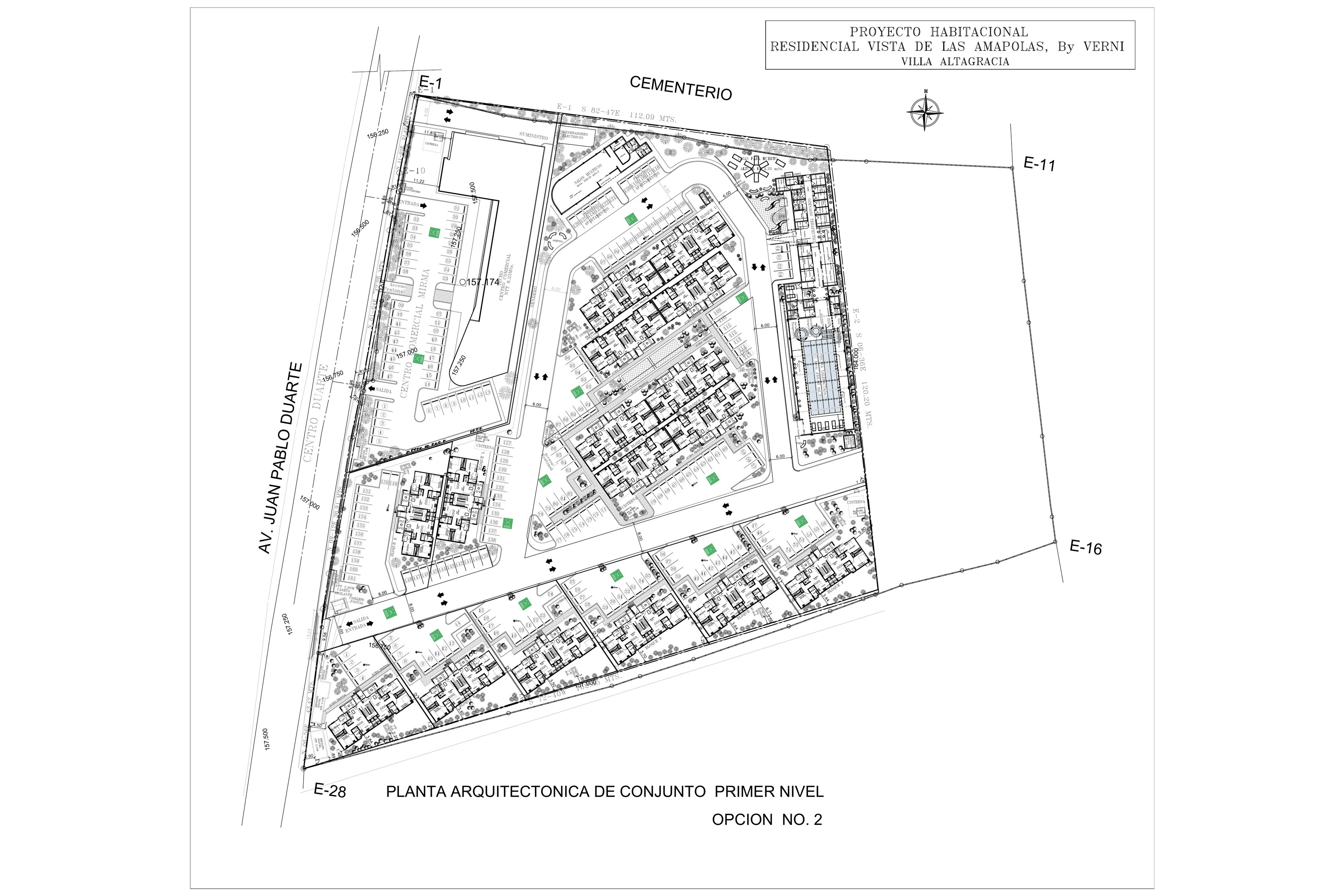 Plano arquitectónico de conjunto (Opción 2): distribución de los bloques residenciales, La Plaza y las áreas verdes