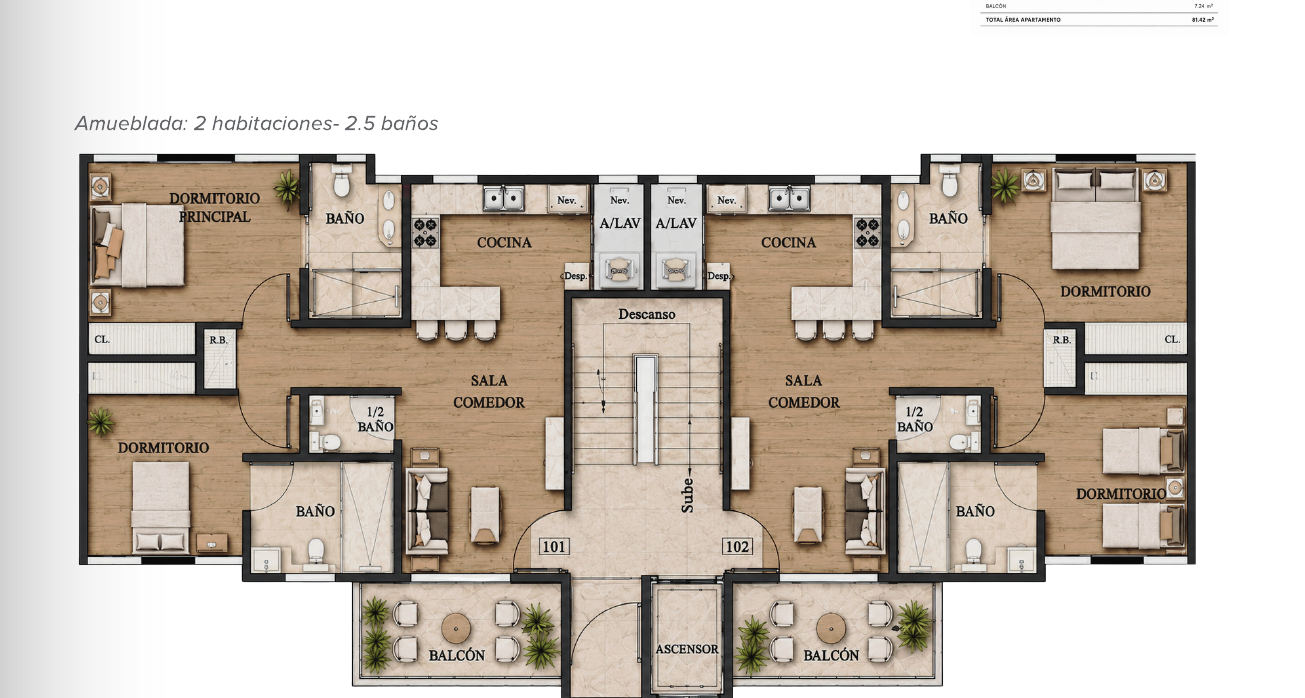 Planta arquitectónica del apartamento tipo, amueblado: dos habitaciones, dos baños y medio, sala-comedor, cocina, área de lavado y balcón — 81.42 m²