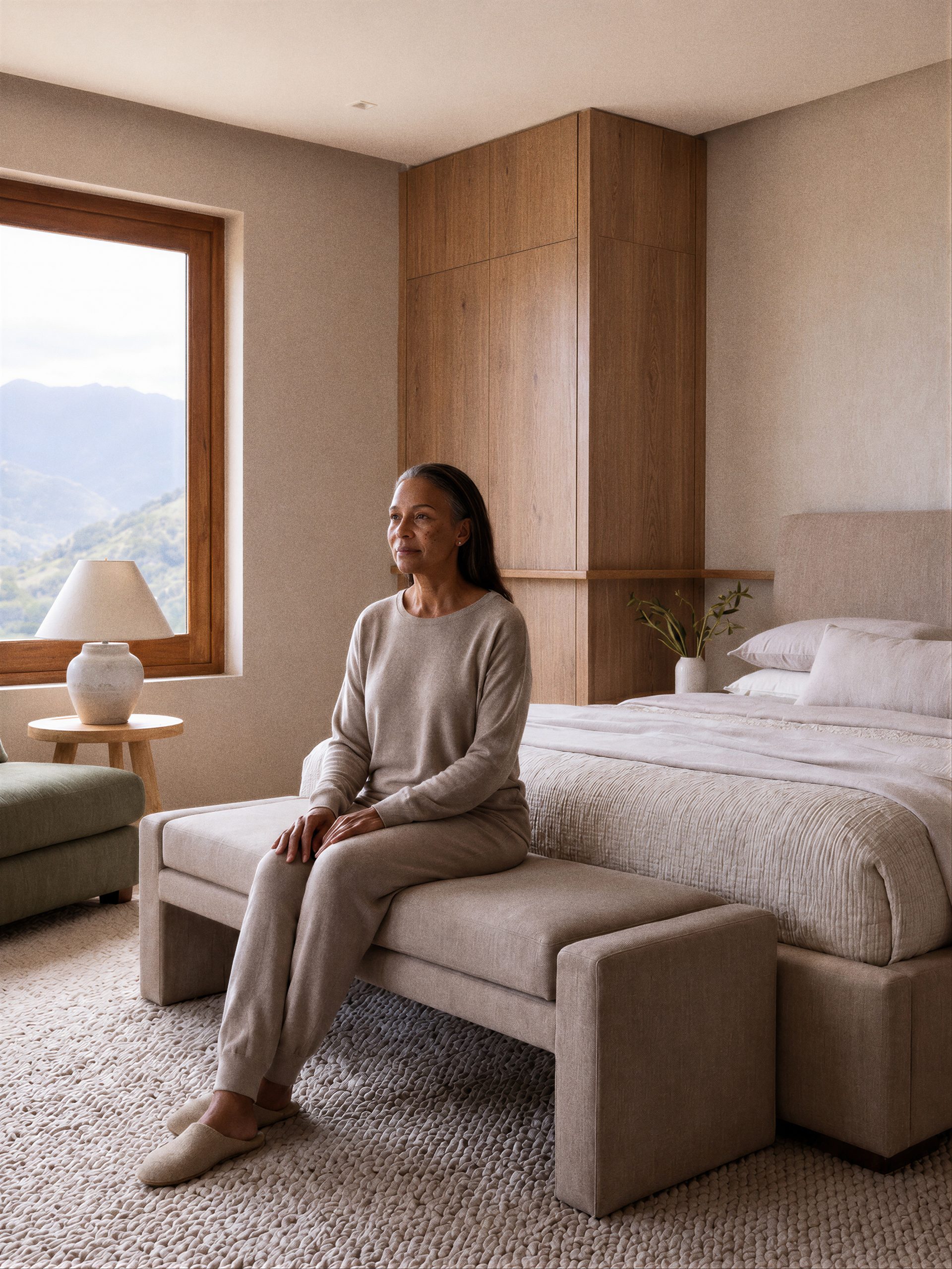 Habitación principal con closet y baño propio, la cama frente a la ventana