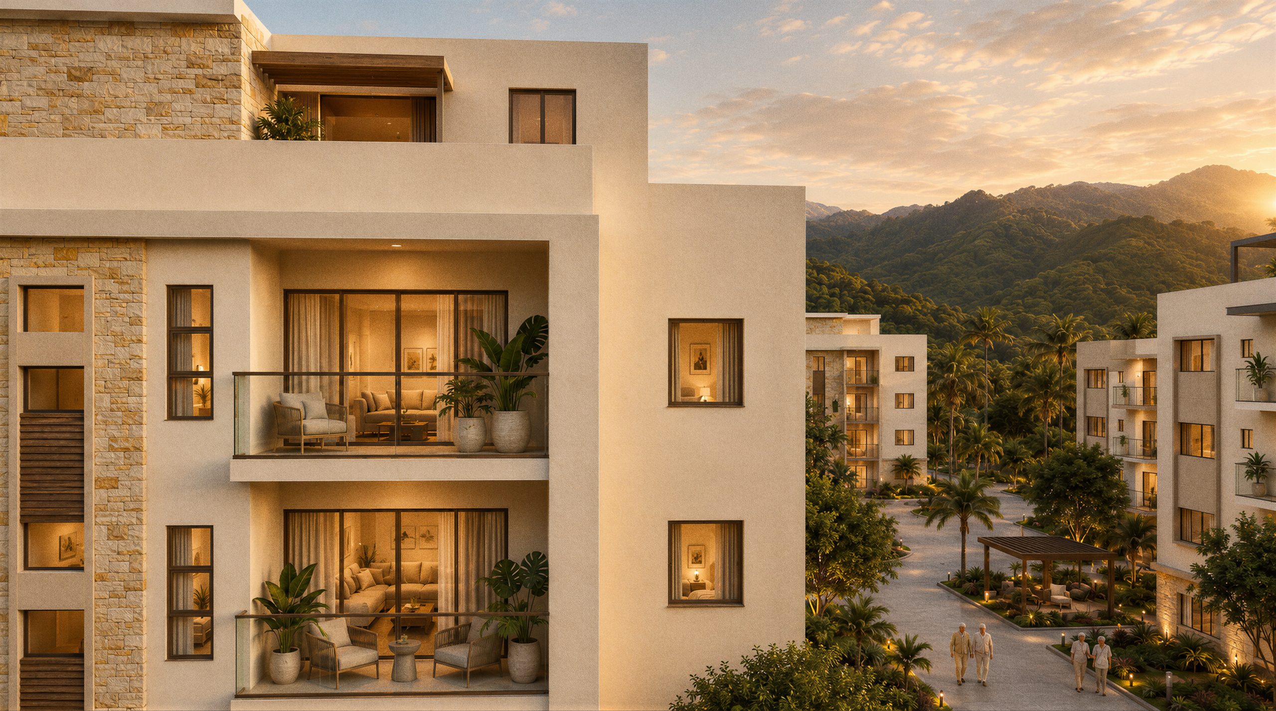 Fachada del bloque residencial con sus balcones escalonados y la montaña detrás