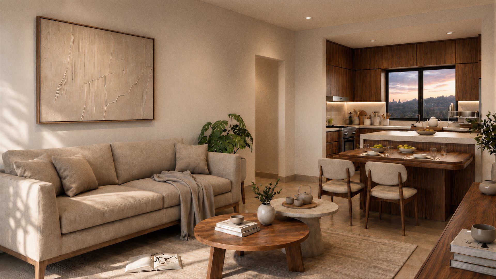 Sala del apartamento tipo, con la luz de la mañana entrando por la puerta del balcón